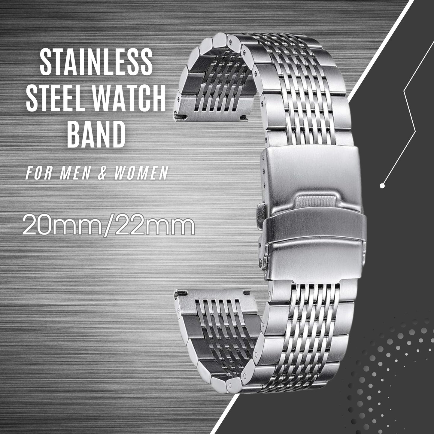 DIY Polished Silver Stainless Steel Watch Band 20mm 22mm Replacement Bracelet Strap with Spring Bars & Tool Kit