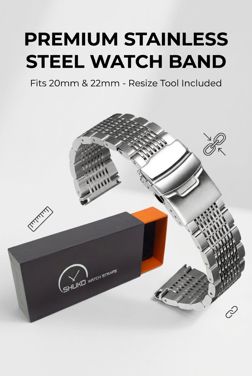 DIY Polished Silver Stainless Steel Watch Band 20mm 22mm Replacement Bracelet Strap with Spring Bars & Tool Kit