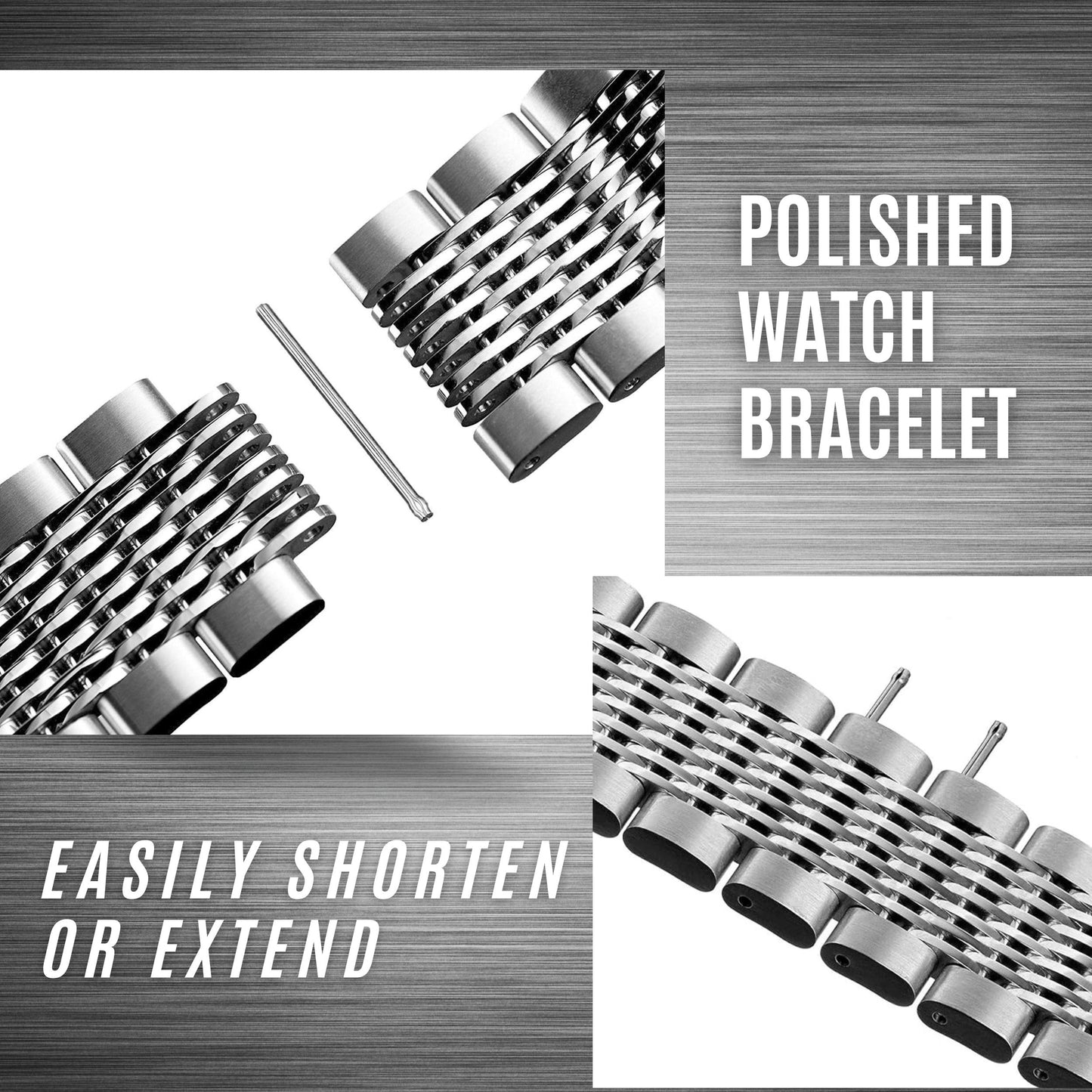 DIY Polished Silver Stainless Steel Watch Band 20mm 22mm Replacement Bracelet Strap with Spring Bars & Tool Kit