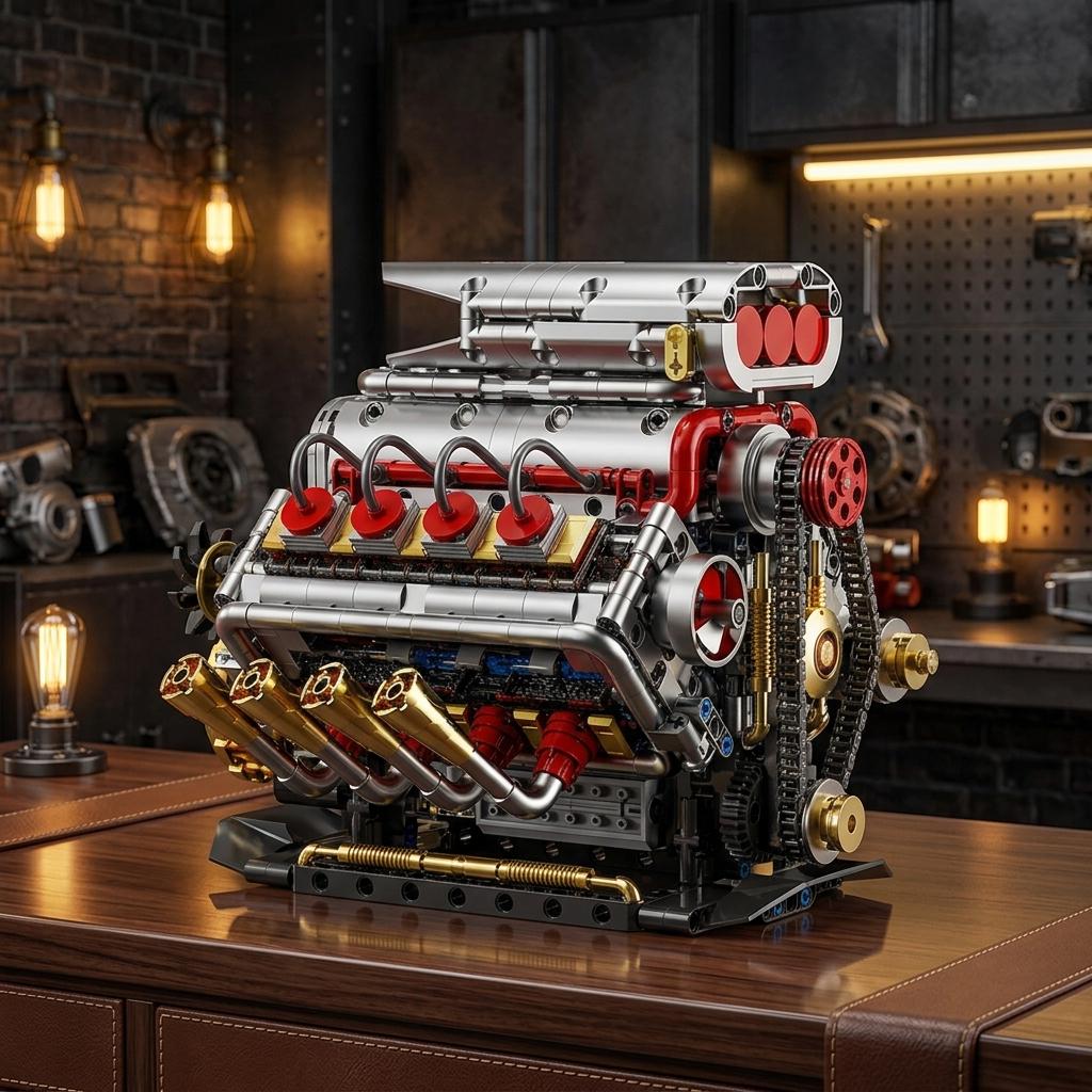DIY V8 Supercharged Engine Model Kit Technic Compatible 1176 Pcs Building Block Mechanical STEM Project Car Lover Gift