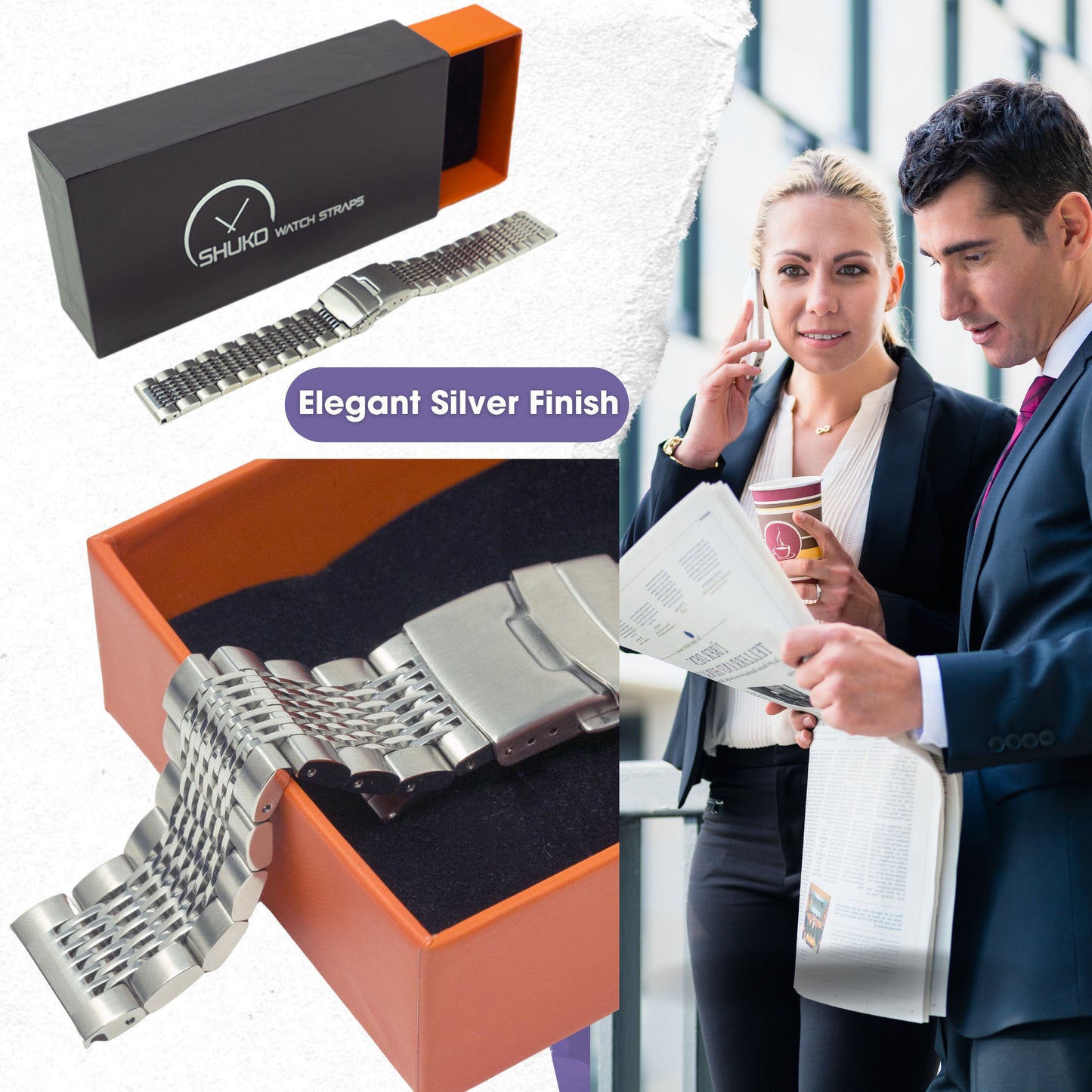DIY Polished Silver Stainless Steel Watch Band 20mm 22mm Replacement Bracelet Strap with Spring Bars & Tool Kit