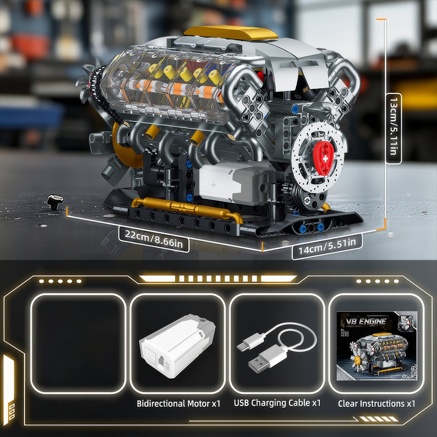 DIY V8 Engine Model Kit Electrically Driven STEM Science Project Desktop Mechanical Toy Car Lover Gift for Men