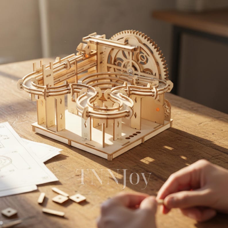 DIY 3D Wooden Marble Run Kit | Mechanical Model Building Puzzle, Laser-Cut Wood Craft Toy