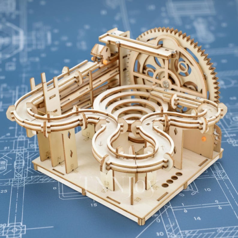 DIY 3D Wooden Marble Run Kit | Mechanical Model Building Puzzle, Laser-Cut Wood Craft Toy