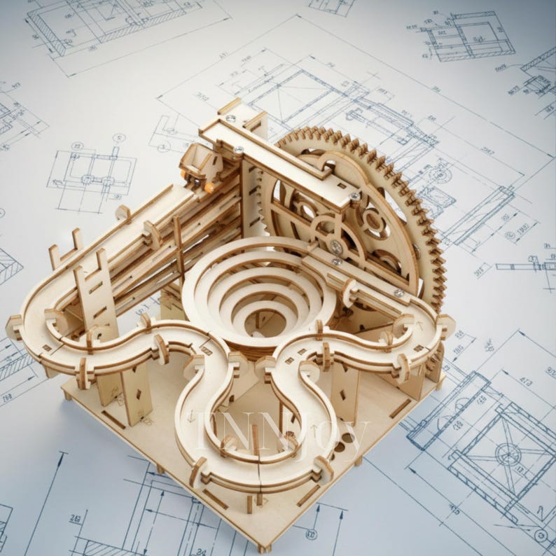 DIY 3D Wooden Marble Run Kit | Mechanical Model Building Puzzle, Laser-Cut Wood Craft Toy