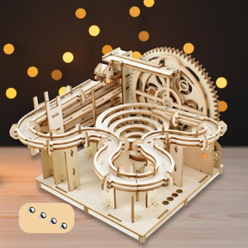 DIY 3D Wooden Marble Run Kit | Mechanical Model Building Puzzle, Laser-Cut Wood Craft Toy
