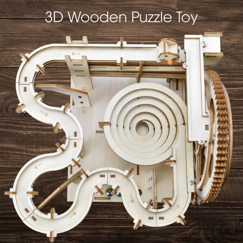 DIY 3D Wooden Marble Run Kit | Mechanical Model Building Puzzle, Laser-Cut Wood Craft Toy