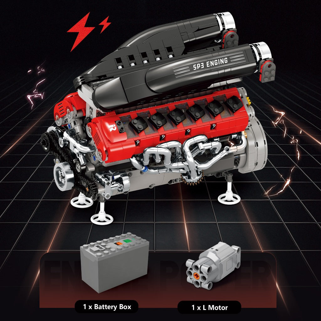 DIY Motorized V12 Supercar Engine Building Kit – Technic-Compatible Mechanical Model (1,240 Pcs)