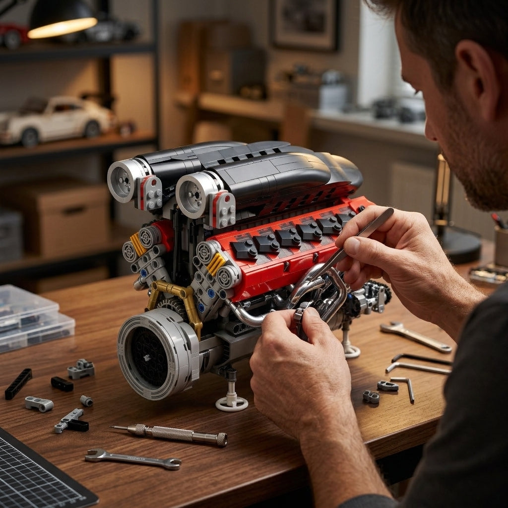 DIY Motorized V12 Supercar Engine Building Kit – Technic-Compatible Mechanical Model (1,240 Pcs)