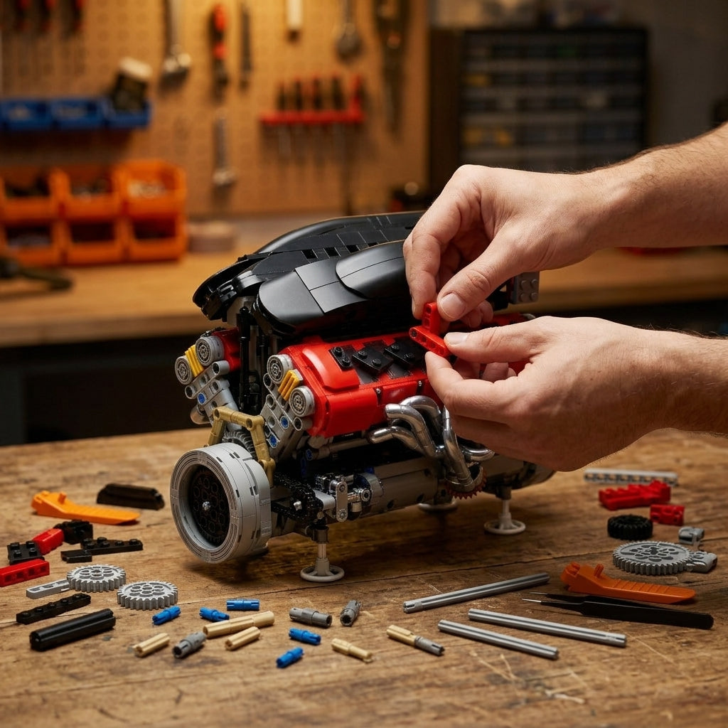 DIY Motorized V12 Supercar Engine Building Kit – Technic-Compatible Mechanical Model (1,240 Pcs)