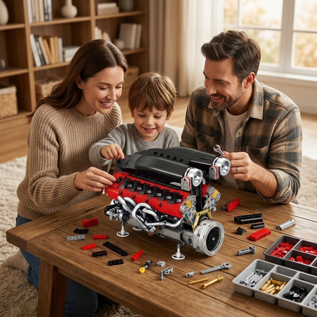 DIY Motorized V12 Supercar Engine Building Kit – Technic-Compatible Mechanical Model (1,240 Pcs)