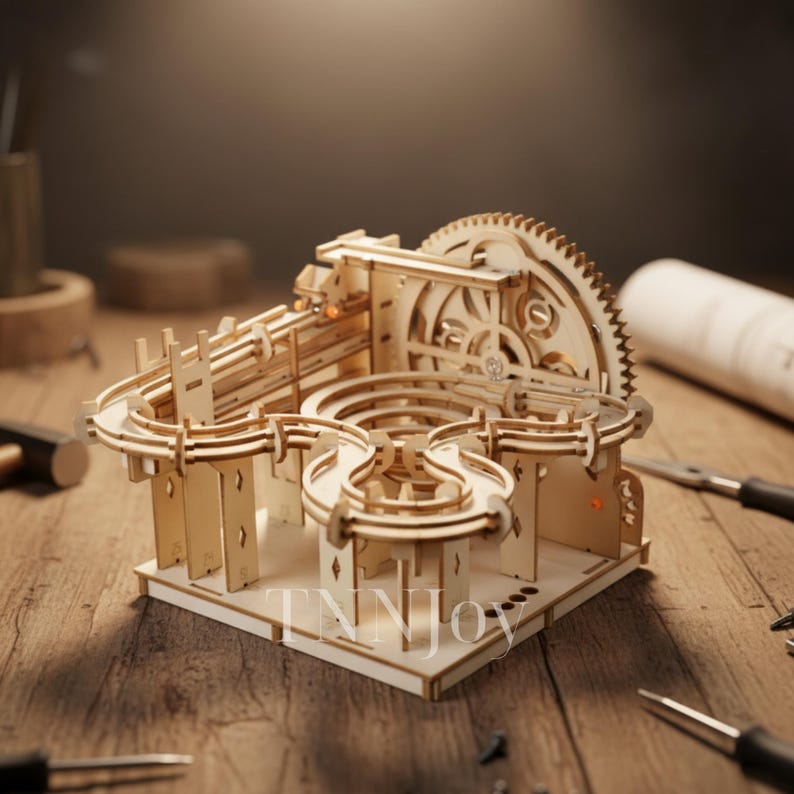 DIY 3D Wooden Marble Run Kit | Mechanical Model Building Puzzle, Laser-Cut Wood Craft Toy